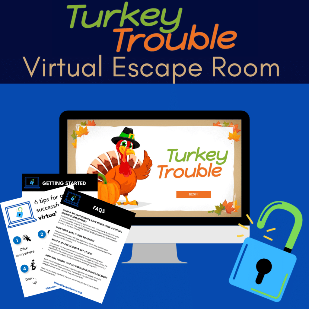 Promotional graphic for a "Turkey Trouble Virtual Escape Room." The top of the image features the text "Turkey Trouble Virtual Escape Room" in colorful fonts. Below the text, a computer monitor displays an animated turkey wearing a pilgrim hat with the text "Turkey Trouble" and a "Begin" button on the screen. To the left of the monitor, there are two documents titled "6 tips for a successful virtual escape room" and "FAQs." To the right of the monitor, there is an illustration of an open padlock. The image promotes a themed virtual escape room activity, likely intended for entertainment and engagement around Thanksgiving.