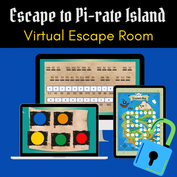 Promotional image for the virtual escape room "Escape to Pi-rate Island" featuring three digital devices: a computer monitor with a numerical puzzle, a laptop with a parchment displaying colored circles, and a tablet with a treasure map leading to a treasure chest. The image also includes an unlocked padlock symbolizing the escape room challenge, and the text "Escape to Pi-rate Island" and "Virtual Escape Room" in stylized fonts.