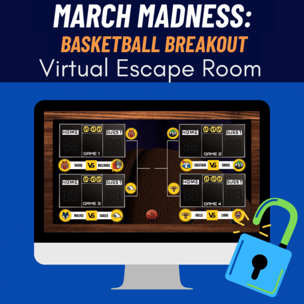 Promotional image for March Madness: Basketball Breakout Virtual Escape Room. The top part of the image has text that reads 'MARCH MADNESS: BASKETBALL BREAKOUT Virtual Escape Room.' Below this text, there is an illustration of a computer monitor displaying a basketball tournament bracket. The bracket shows four games with the following matchups: Tigers vs Bulldogs, Cheetahs vs Crocs, Wolves vs Eagles, and Bulls vs Lions. Each game has digital scoreboards showing '00' for both teams. There is also a green unlocked padlock icon in the bottom right corner of the image.