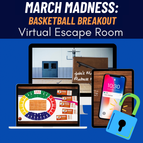 Promotional image for March Madness: Basketball Breakout Virtual Escape Room. The top part of the image contains the text 'MARCH MADNESS: BASKETBALL BREAKOUT Virtual Escape Room' in bold white and orange letters on a dark blue background. Below the text, there are three electronic devices: a laptop, a tablet, and a smartphone, each displaying different elements related to the virtual escape room. The laptop screen shows a colorful circular game board with a basketball court in the center and various sections marked with different colors. The tablet screen displays a message notification from 'Jake' with the text '1 new message' on a wooden background. The smartphone screen shows a lock screen with the time '10:30' and a notification from 'Jake' with the text '1 new message.' In the bottom right corner of the image, there is an illustration of an unlocked padlock, symbolizing the escape room theme.