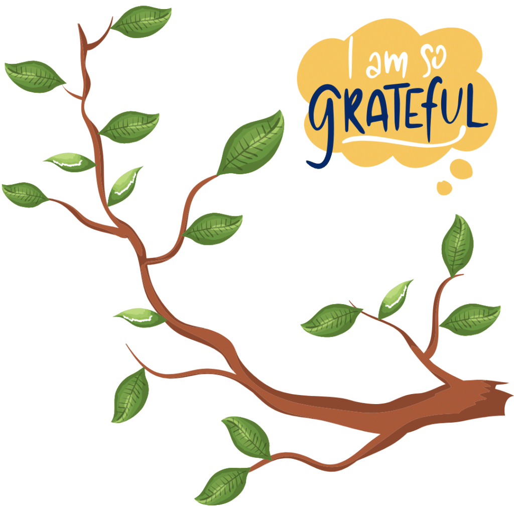 A brown tree branch with green leaves extending from it. To the right of the branch is a yellow thought bubble with the text "I am so GRATEFUL" written inside it, with the word "GRATEFUL" emphasized in larger, bold font.