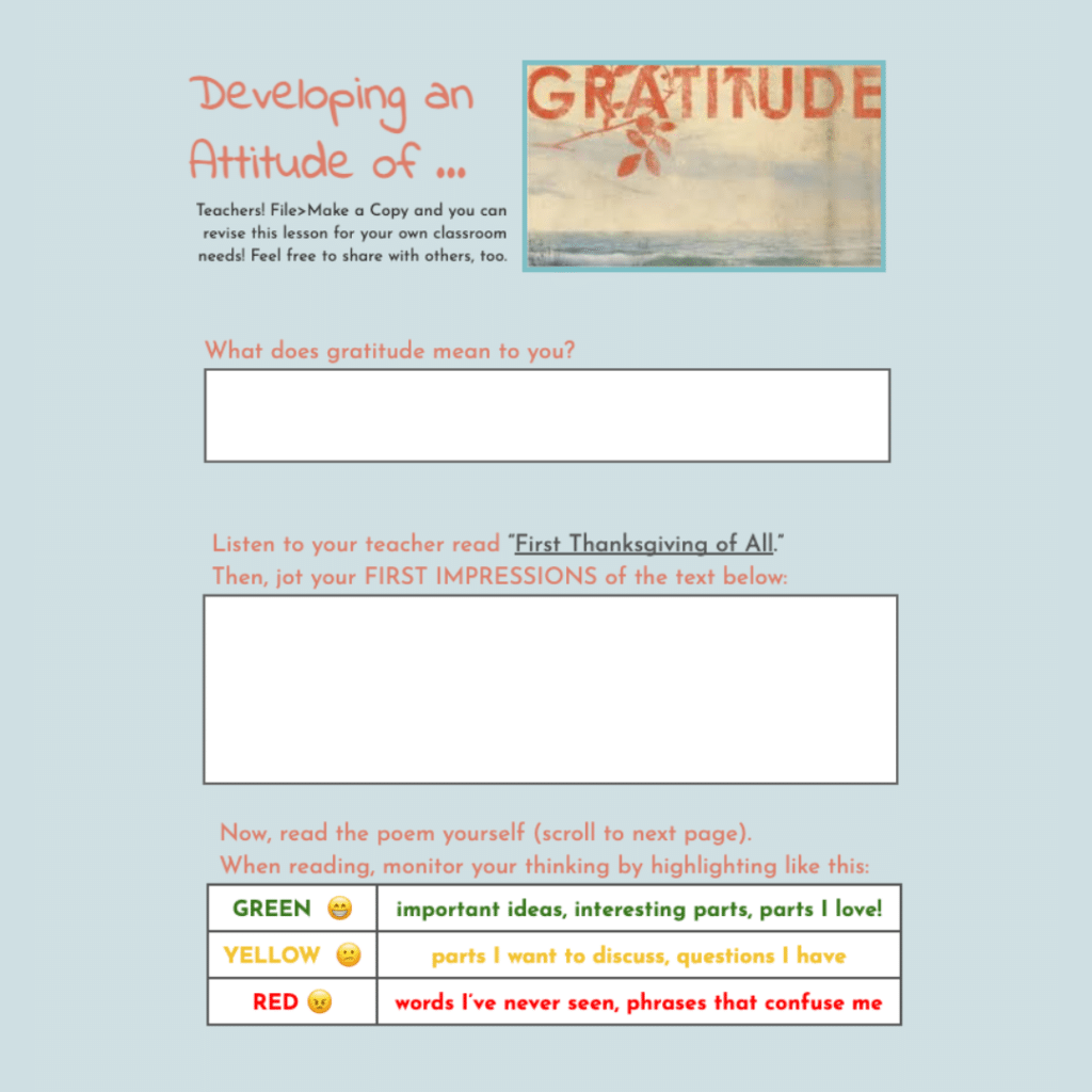 Worksheet titled "Developing an Attitude of Gratitude." It includes sections for students to define gratitude, write first impressions of a text called "First Thanksgiving of All," and instructions to read a poem and highlight parts with different colors based on their significance or difficulty.