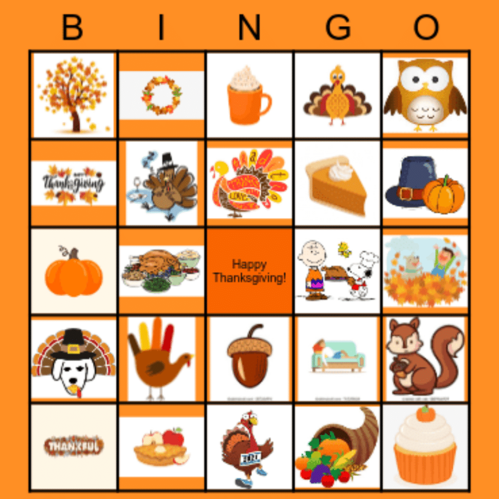 A grid of 25 squares, each containing a different Thanksgiving-themed illustration. The illustrations feature various symbols related to Thanksgiving, including turkeys, pumpkins, pies, fall leaves, and characters celebrating Thanksgiving. The images are colorful and festive, capturing the essence of the holiday.