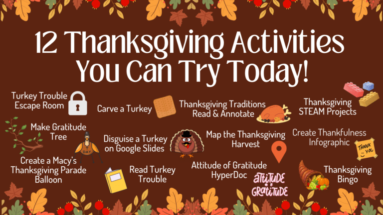 A festive Thanksgiving-themed graphic titled "12 Thanksgiving Activities You Can Try Today!" on a brown background with autumn leaves and decorations. The activities listed are: Turkey Trouble Escape Room, Carve a Turkey, Thanksgiving Traditions Read & Annotate, Thanksgiving STEAM Projects, Make Gratitude Tree, Disguise a Turkey on Google Slides, Map the Thanksgiving Harvest, Create Thankfulness Infographic, Create a Macy's Thanksgiving Parade Balloon, Read Turkey Trouble, Attitude of Gratitude HyperDoc, and Thanksgiving Bingo. Each activity is accompanied by small icons related to the activity.