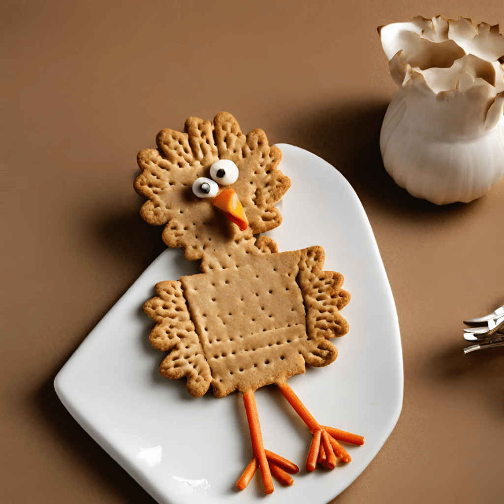 reatively arranged cookie in the shape of a turkey. The body is made from a square cookie, while the head and wings are made from a round, scalloped-edge cookie. The turkey has candy eyes, a small orange candy for the beak, and thin orange candy sticks for the legs and feet. The cookie is placed on a white plate, with a white flower-like object in the background, showcasing a fun and festive way to decorate cookies for Thanksgiving.