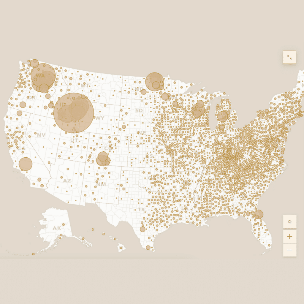 A colorful map of the United States with various regions highlighted and labeled. Each region represents different agricultural products harvested for Thanksgiving, such as cranberries, corn, potatoes, and turkeys. The map includes state boundaries and is designed to show the diversity of Thanksgiving harvests across the country.