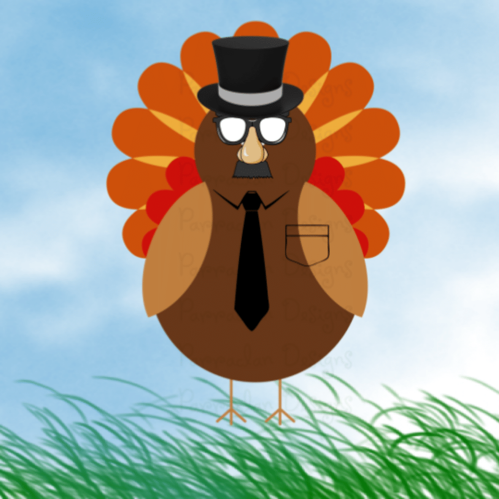 Cartoon turkey standing on grass with a blue sky background. The turkey is wearing a black top hat, glasses, a fake nose with a mustache, and a black tie. The turkey's feathers are displayed in shades of orange and red in a fan shape.