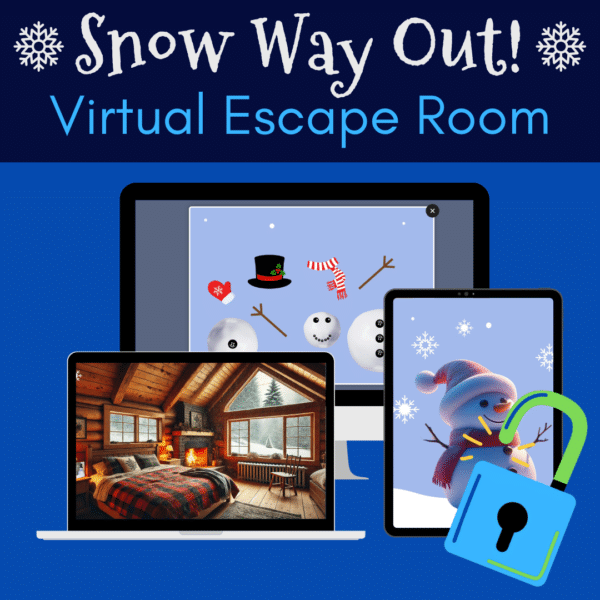 A promotional graphic for a virtual escape room titled "Snow Way Out!" The image features a blue background with snowflake icons framing the text "Snow Way Out! Virtual Escape Room." In the center, a desktop computer, a laptop, and a tablet display different scenes related to the escape room. The desktop screen shows parts of a snowman, including a hat, scarf, buttons, and snowballs. The laptop screen displays a cozy cabin interior with a bed, fireplace, and a window showing a snowy landscape outside. The tablet screen shows a snowman with a hat and scarf, along with snowflakes in the background. An open padlock icon at the bottom right symbolizes the escape room theme.