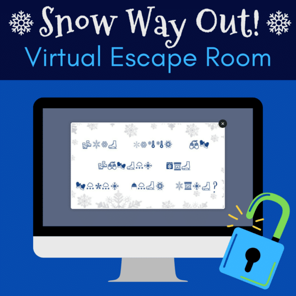 The image you sent shows a virtual escape room called "Snow Way Out!" The image depicts a computer screen with a grid of winter-themed icons. There is a padlock with a keyhole and a question mark in the grid.