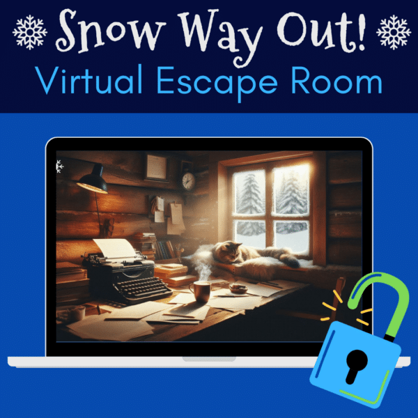 A promotional graphic for a virtual escape room titled "Snow Way Out!" The image features a blue background with snowflake icons framing the text "Snow Way Out! Virtual Escape Room." In the center, a laptop displays a cozy wooden room with a window showing a snowy landscape. On the desk in front of the window, there is a typewriter, a steaming cup of coffee, scattered papers, and a lamp. A green and blue unlocked padlock icon is in the bottom right corner, emphasizing the escape room theme.