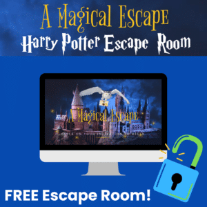 The image is an advertisement for a Harry Potter-themed escape room titled "A Magical Escape." At the top of the image, there is the title in a whimsical font, with "Harry Potter Escape Room" written below it in a font reminiscent of the Harry Potter logo. In the middle, the image shows a computer screen displaying Hogwarts castle with an owl carrying an envelope and the text "A Magical Escape" overlaid on the castle. At the bottom, there is a blue padlock icon and the text "FREE Escape Room!"