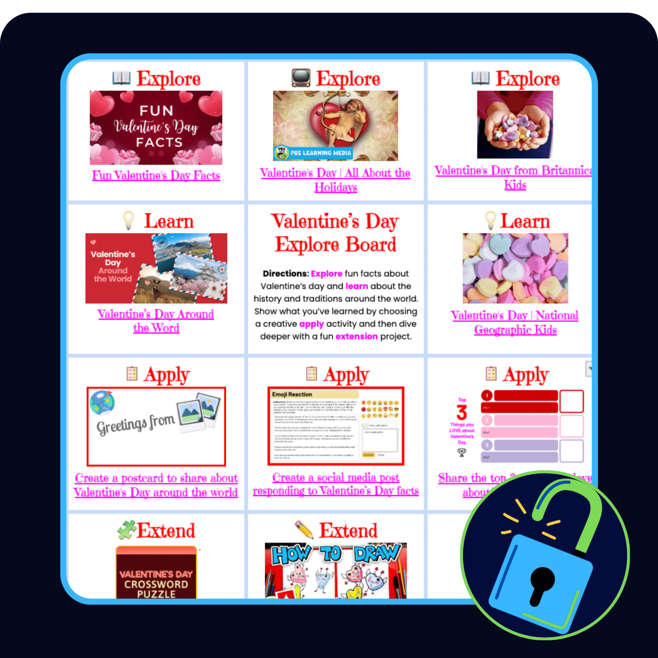 The image shows a Valentine's Day Explore Board with various activities and resources related to Valentine's Day. The board is divided into sections labeled "Explore," "Learn," "Apply," and "Extend," each containing different activities or links. Some of the activities include learning fun facts about Valentine's Day, exploring its history and traditions, creating postcards and social media posts, and engaging in extension projects like crossword puzzles and drawing tutorials. The text on the image provides directions and descriptions for each section and activity, encouraging users to explore, learn, apply, and extend their knowledge about Valentine's Day. It's designed to be educational and interactive, perfect for anyone wanting to dive deep into the holiday's traditions and fun facts.