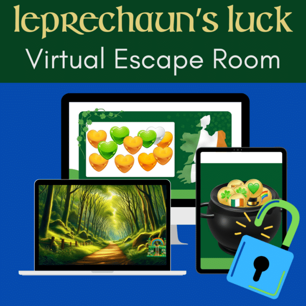 Promotional image for the "Leprechaun's Luck Virtual Escape Room" featuring three devices: a desktop monitor, a laptop, and a tablet. The desktop monitor displays a game with heart-shaped icons in green, yellow, and white. The laptop shows a scenic forest path with a rainbow and a small leprechaun house. The tablet displays a pot of gold with various Irish-themed icons. An open padlock icon is also present, symbolizing the escape room theme.