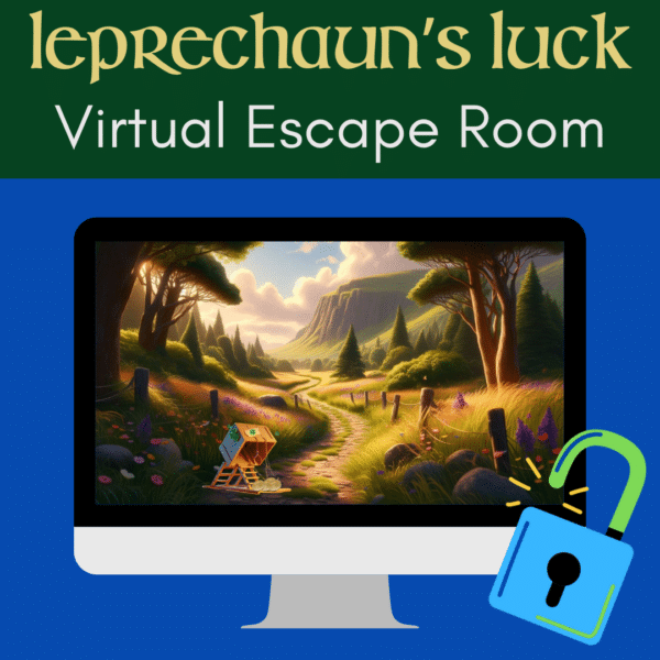 Promotional image for Leprechaun's Luck Virtual Escape Room featuring a computer monitor displaying a scenic landscape with a path through green countryside, trees, and mountains in the background. The path has a colorful structure resembling a leprechaun trap. The top part of the image has a green background with the text "Leprechaun's Luck" and "Virtual Escape Room" in whimsical and straightforward fonts. An open padlock icon in the bottom right corner suggests the escape room theme.