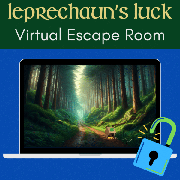 Promotional image for Leprechaun's Luck Virtual Escape Room featuring a computer monitor displaying a scenic landscape with a path through green countryside, trees, and mountains in the background. The path has a colorful structure resembling a leprechaun trap. The top part of the image has a green background with the text "Leprechaun's Luck" and "Virtual Escape Room" in whimsical and straightforward fonts. An open padlock icon in the bottom right corner suggests the escape room theme.