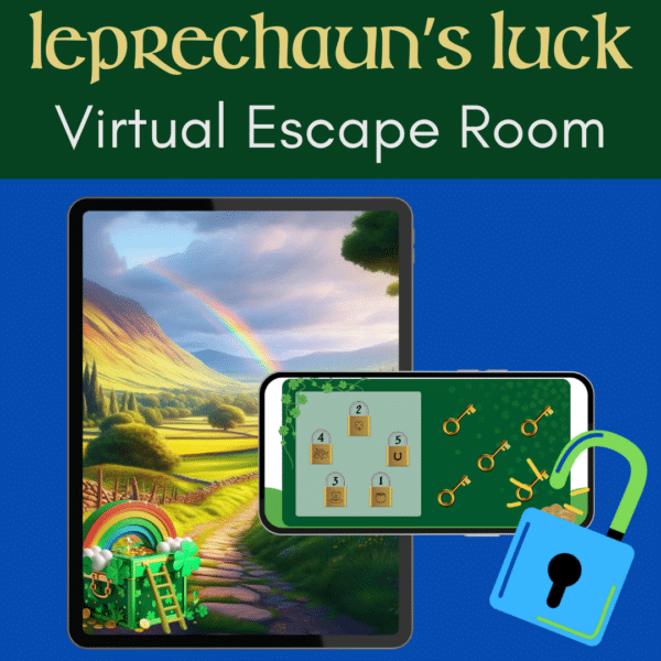 Promotional image for Leprechaun's Luck Virtual Escape Room featuring a computer monitor displaying a scenic landscape with a path through green countryside, trees, and mountains in the background. The path has a colorful structure resembling a leprechaun trap. The top part of the image has a green background with the text "Leprechaun's Luck" and "Virtual Escape Room" in whimsical and straightforward fonts. An open padlock icon in the bottom right corner suggests the escape room theme.